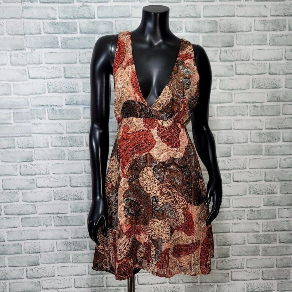 Wyldr‎ Womens S Paisley Chiffon Deep Vneck Flowy Mini Dress Sleeveless Summer